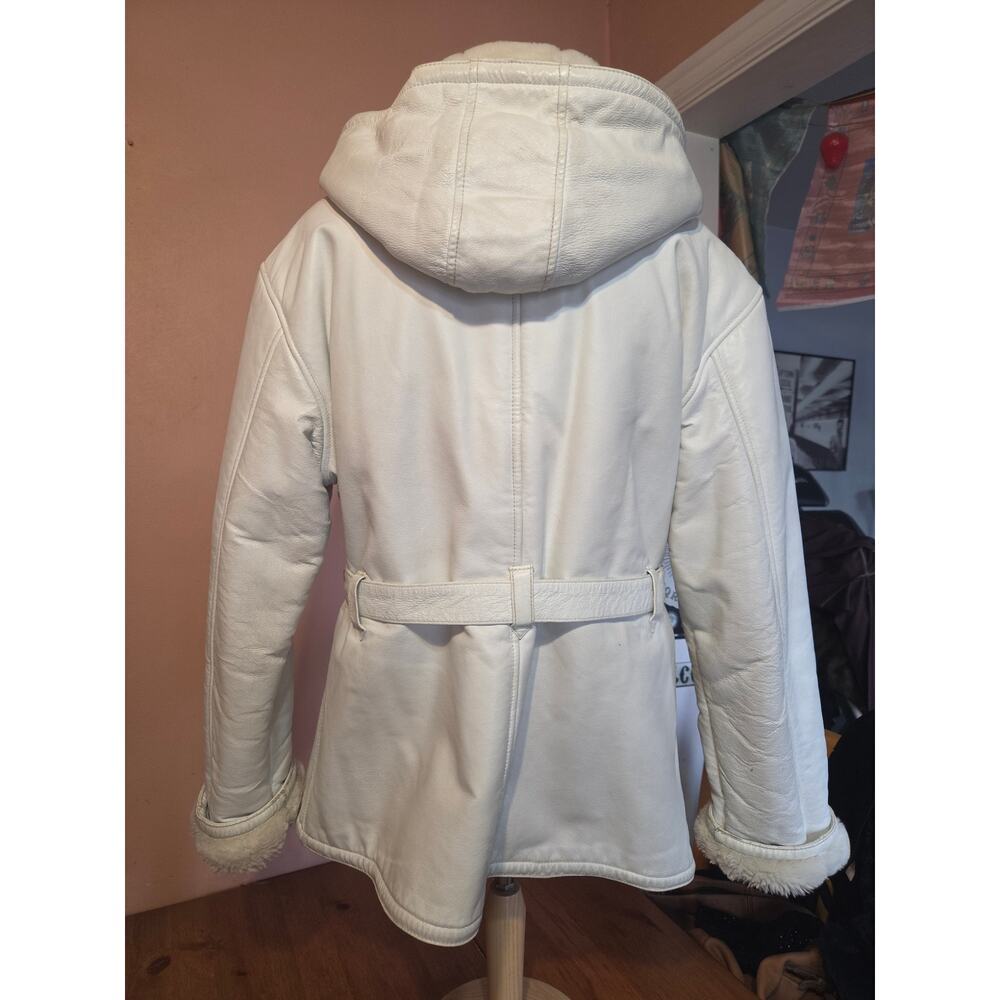 Vintage Y2k Wilsons Leather Fuzzy Lined Coat With Hood White Womens Size Large - Picture 2 of 11